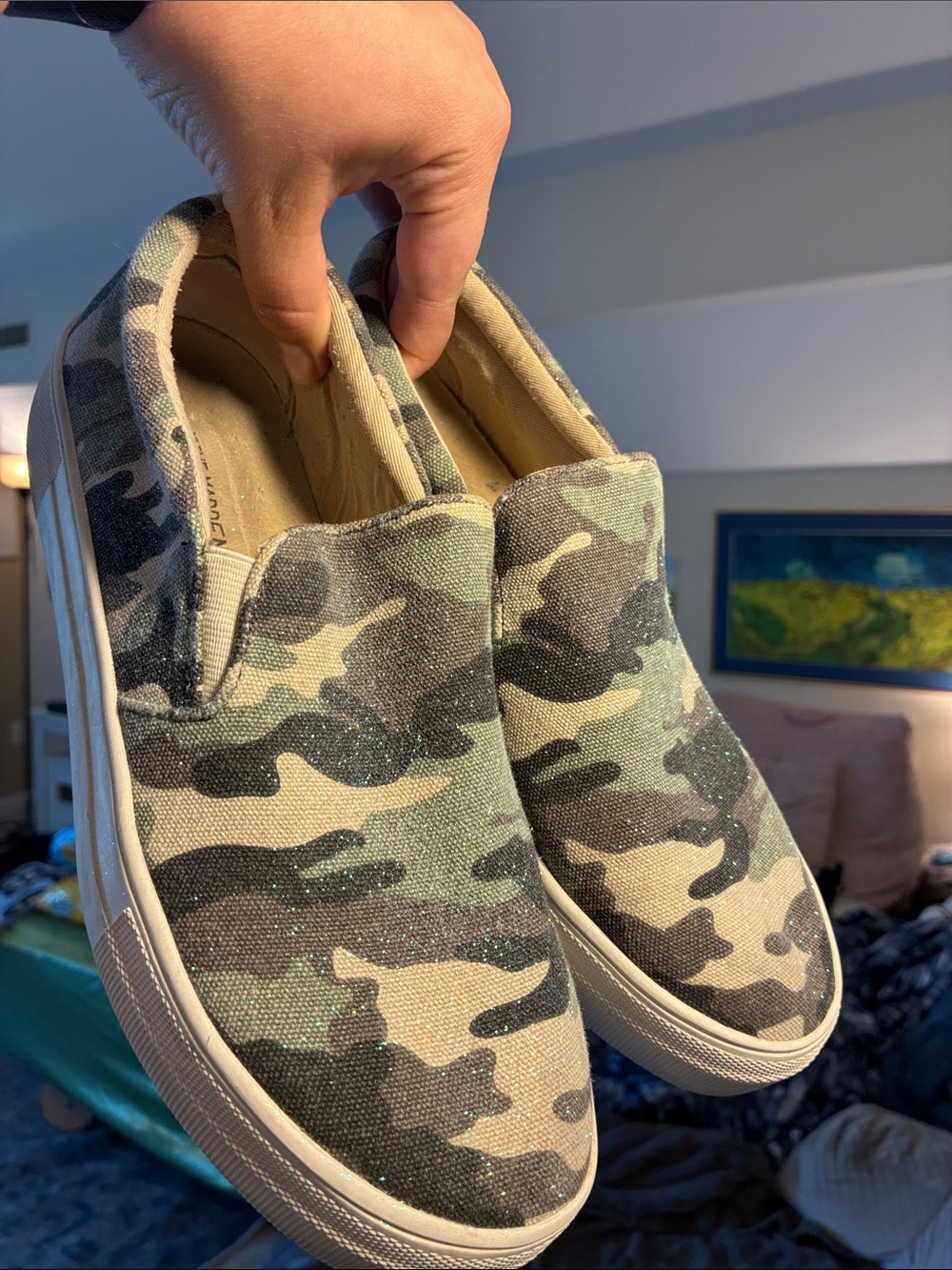 Steve Madden Whimsical Sparkly Camo Mini Platform Slip on Sneakers
